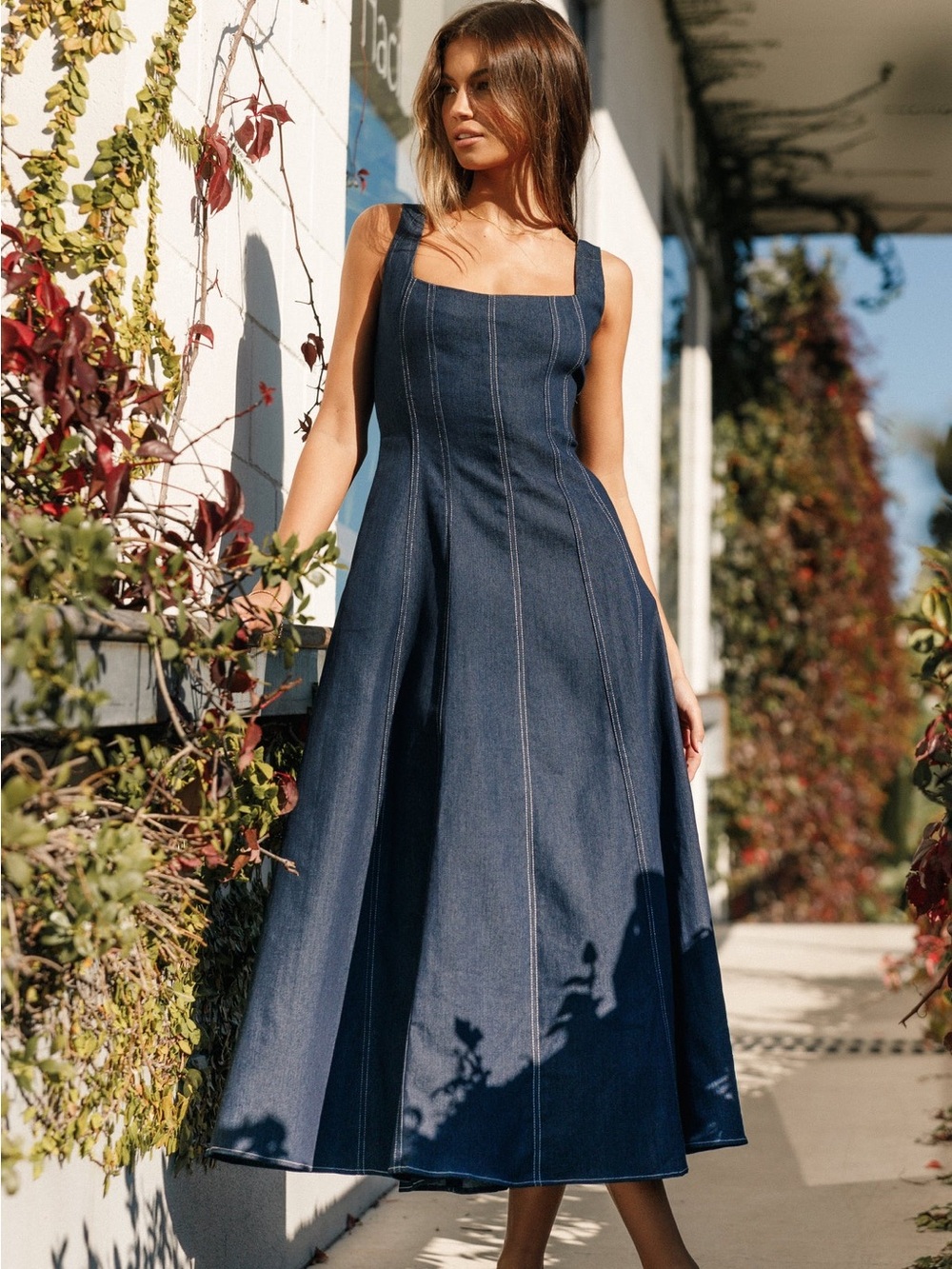 Petal & Pup Callum Denim Midi Dress Blue A-Line Pockets Contrast Stitch Medium